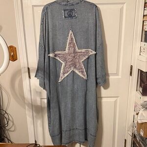Denim Star Embellished Women's CoatBlue Velvet tinsel duster